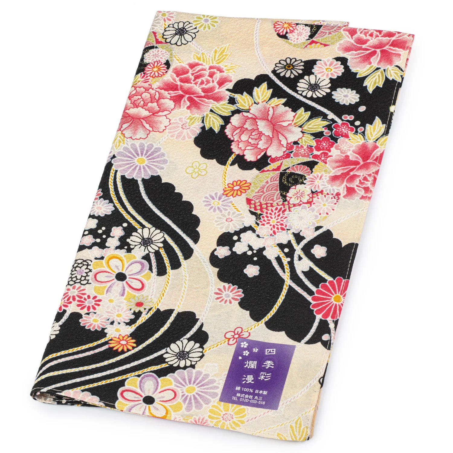 Beige and Black Floral Japanese Handkerchief - Image 3