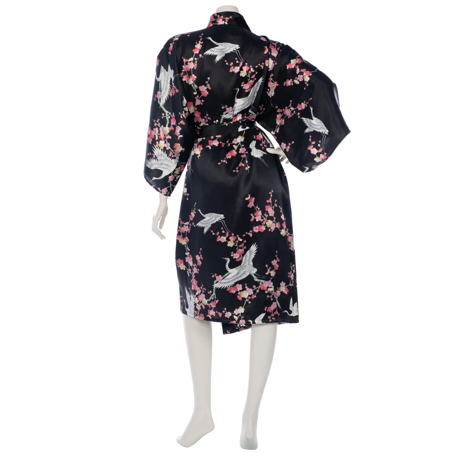 Black Crane and Pink Blossom Short Silk Kimono - Image 2
