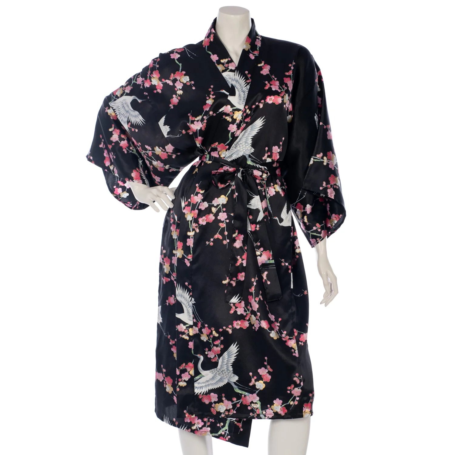 Black Crane and Pink Blossom Short Silk Kimono - Image 3