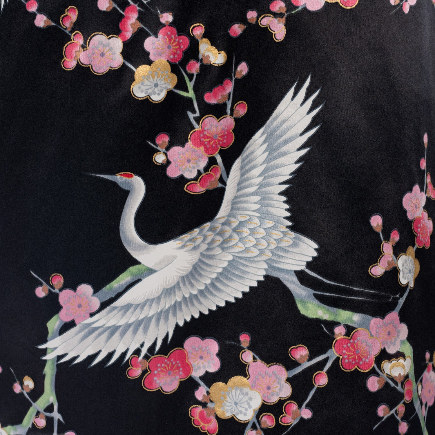 Black Crane and Pink Blossom Short Silk Kimono - Image 4