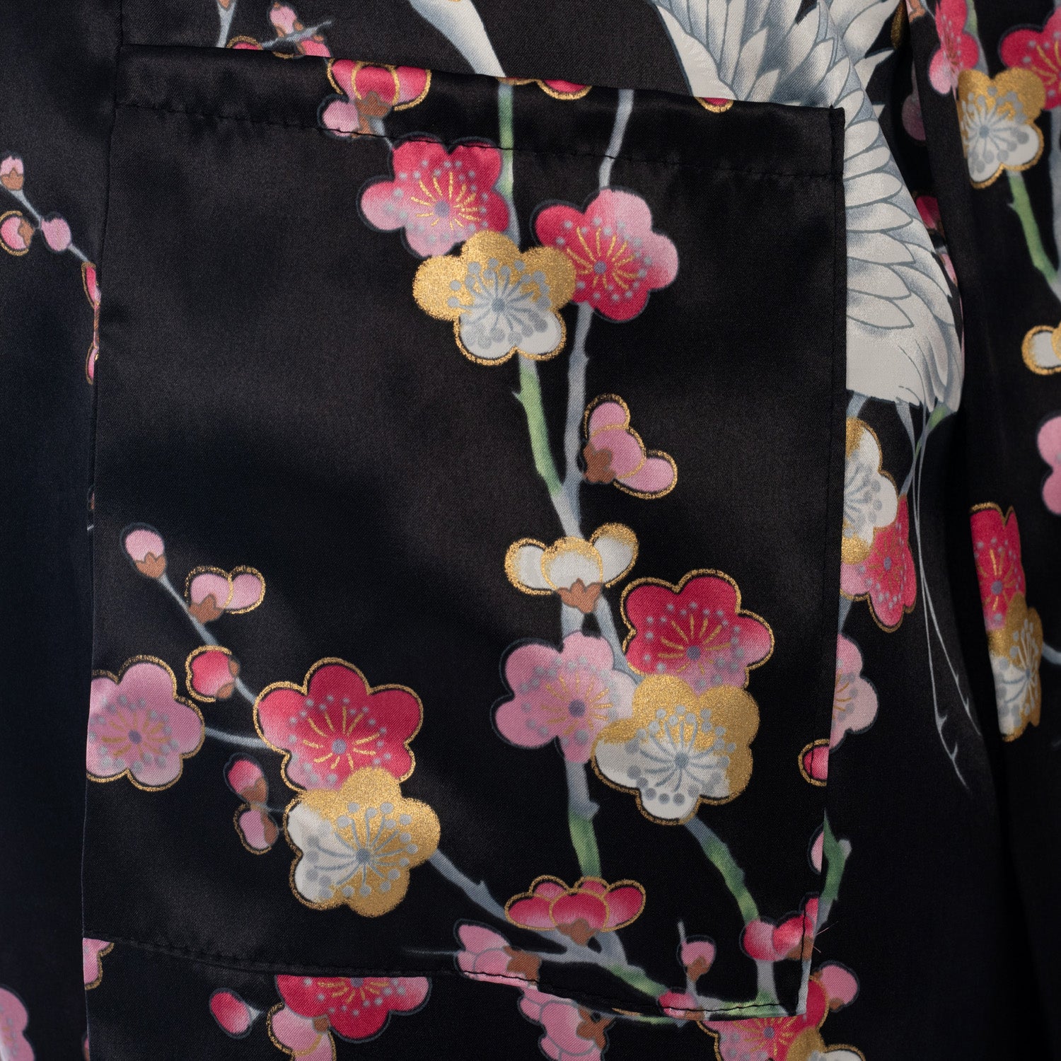 Black Crane and Pink Blossom Short Silk Kimono - Image 5