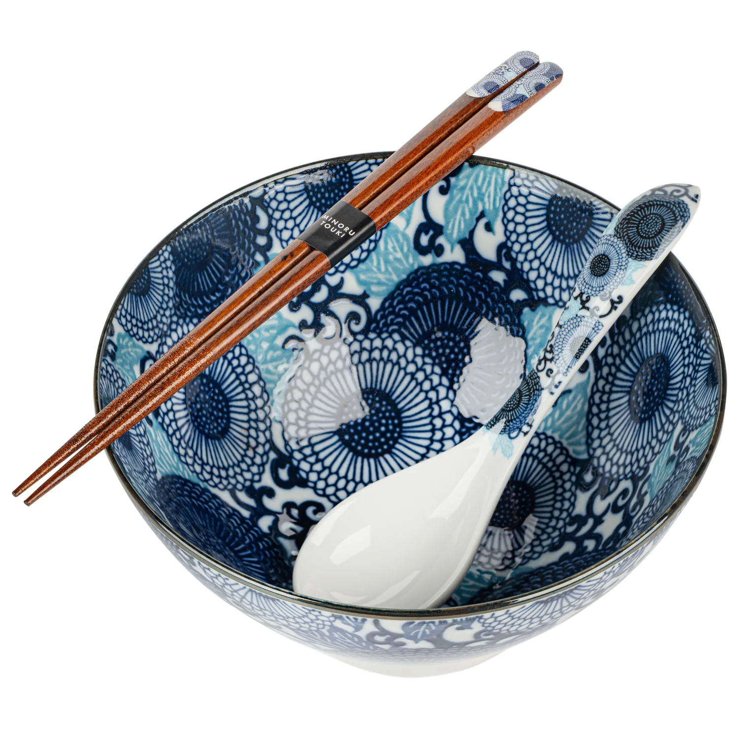 Blue Chrysanthemum Japanese Ramen Bowl Set - Image 2