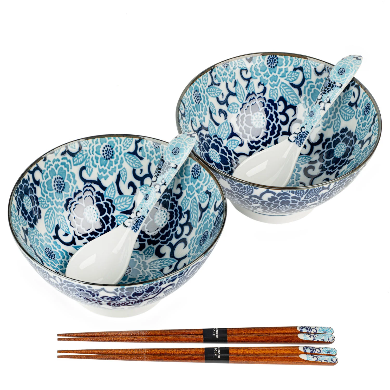 Blue Peony Japanese Ramen Bowl Set