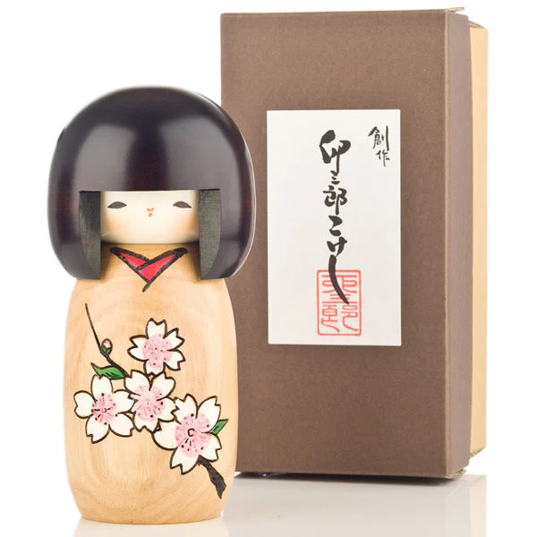 Cherry Blossom Natural Wood Kokeshi Doll - Image 3