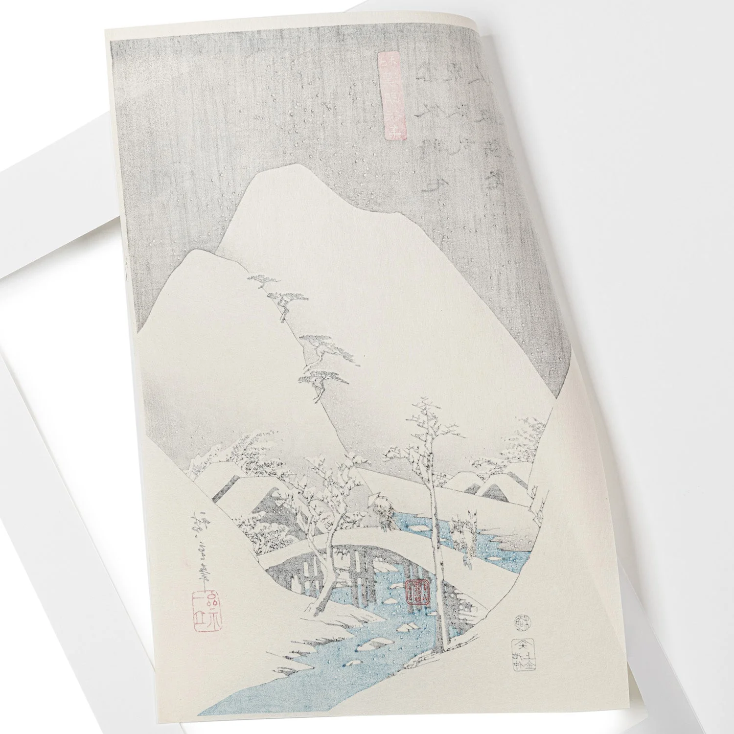 Framed Man Crossing Bridge Japanese Woodblock Print - Image 4
