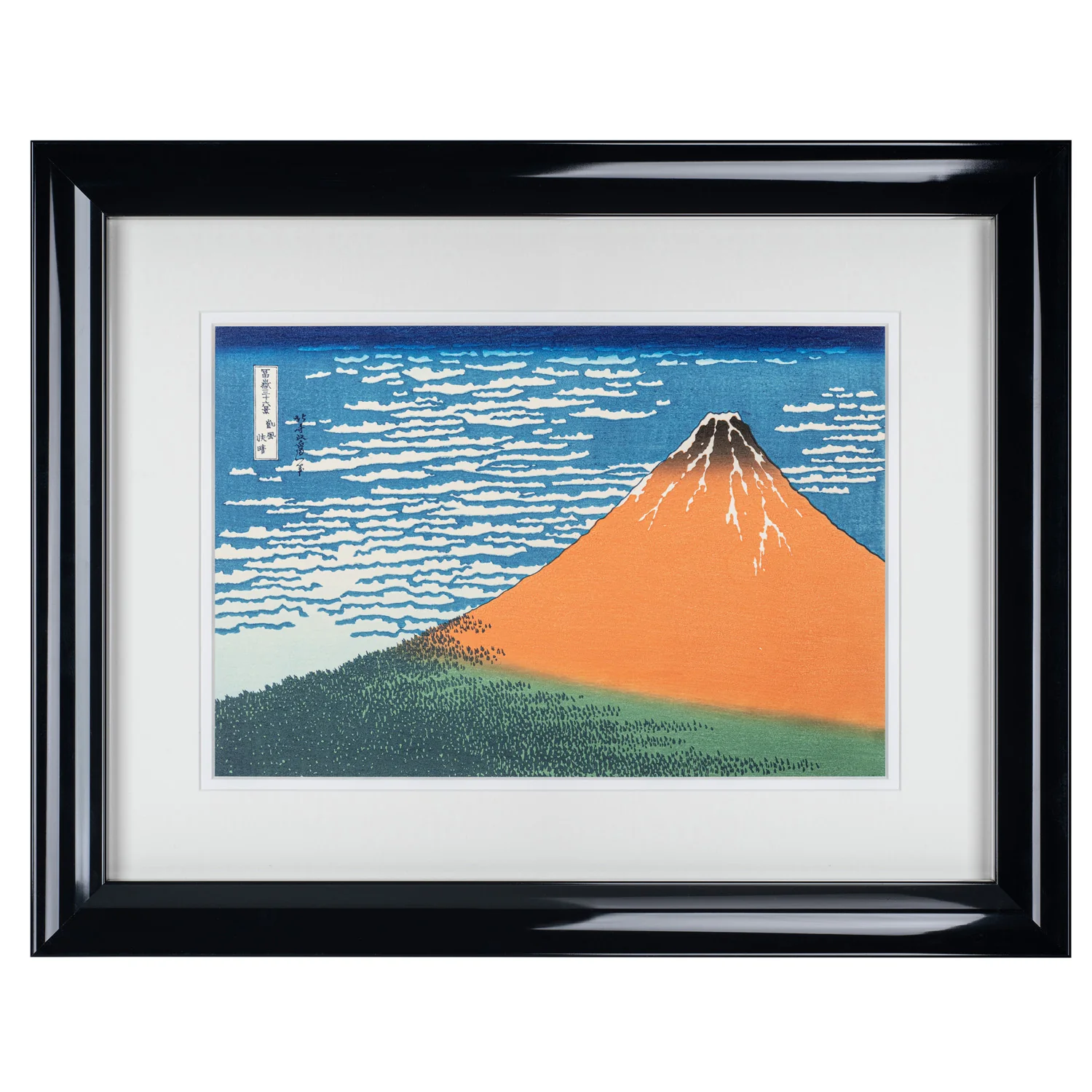 Framed Mount Fuji on Breezy Clear Day Woodblock Print