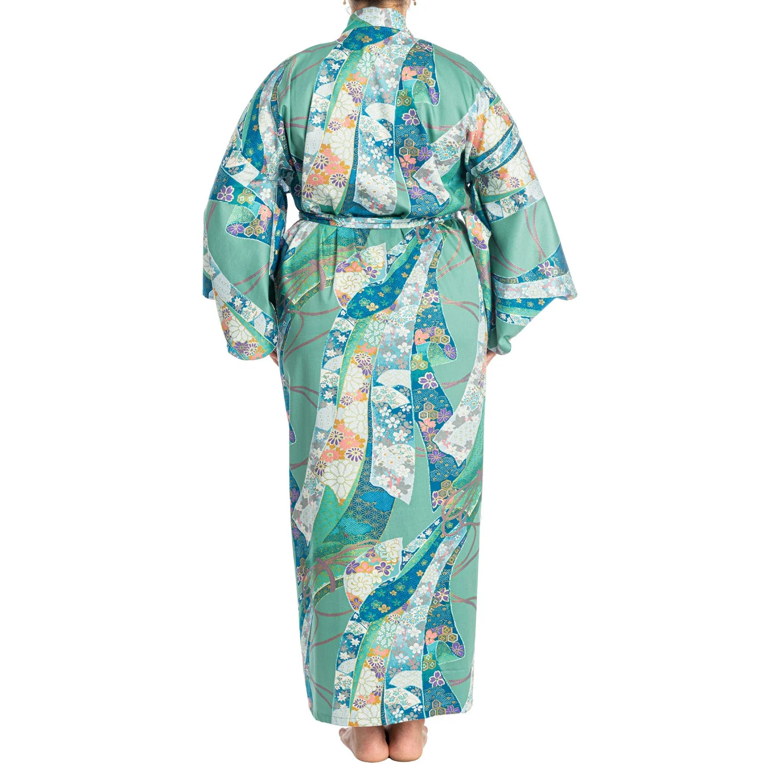 Green Ribbon Long Japanese Cotton Yukata XL - Image 2