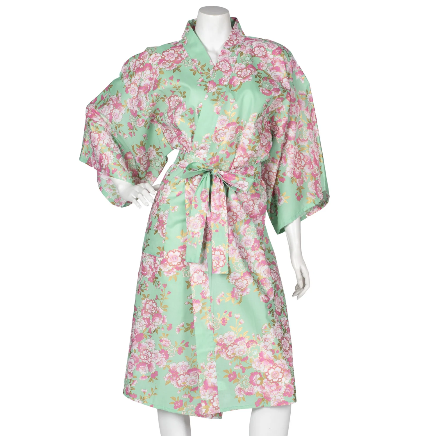 Jade Green Cherry Blossom Short Japanese Kimono - Image 2