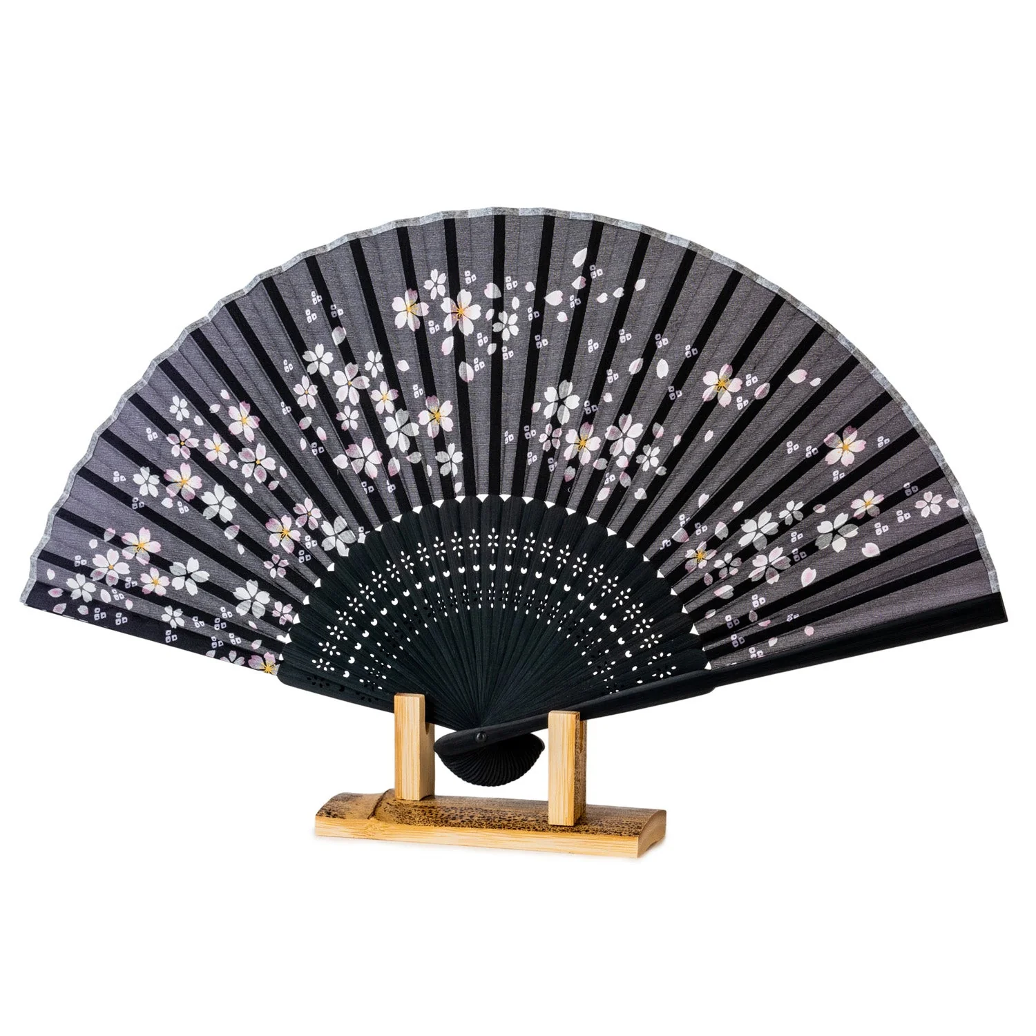 Midnight Black Sakura Japanese Folding Fan - Image 4