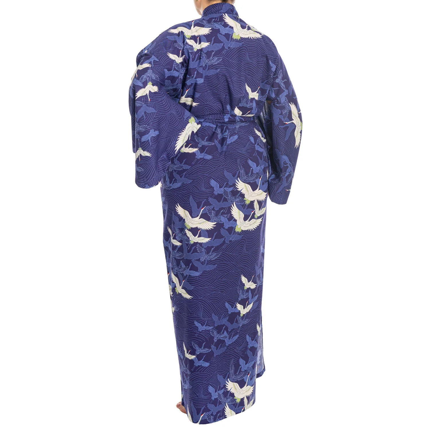 Navy Blue Crane Long Japanese Cotton Kimono XL - Image 2