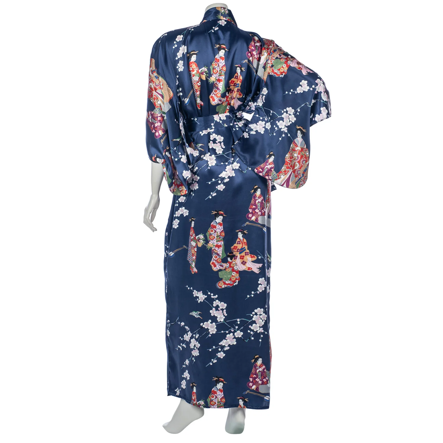 Premium Navy Geisha and Blossom Silk Japanese Kimono - Image 2