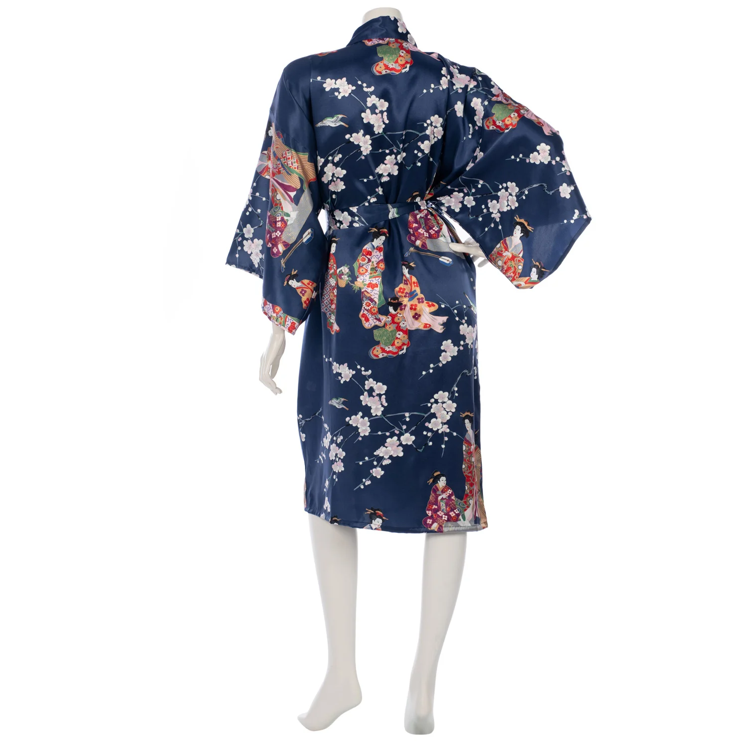 Premium Short Navy Geisha and Blossom Silk Kimono - Image 2