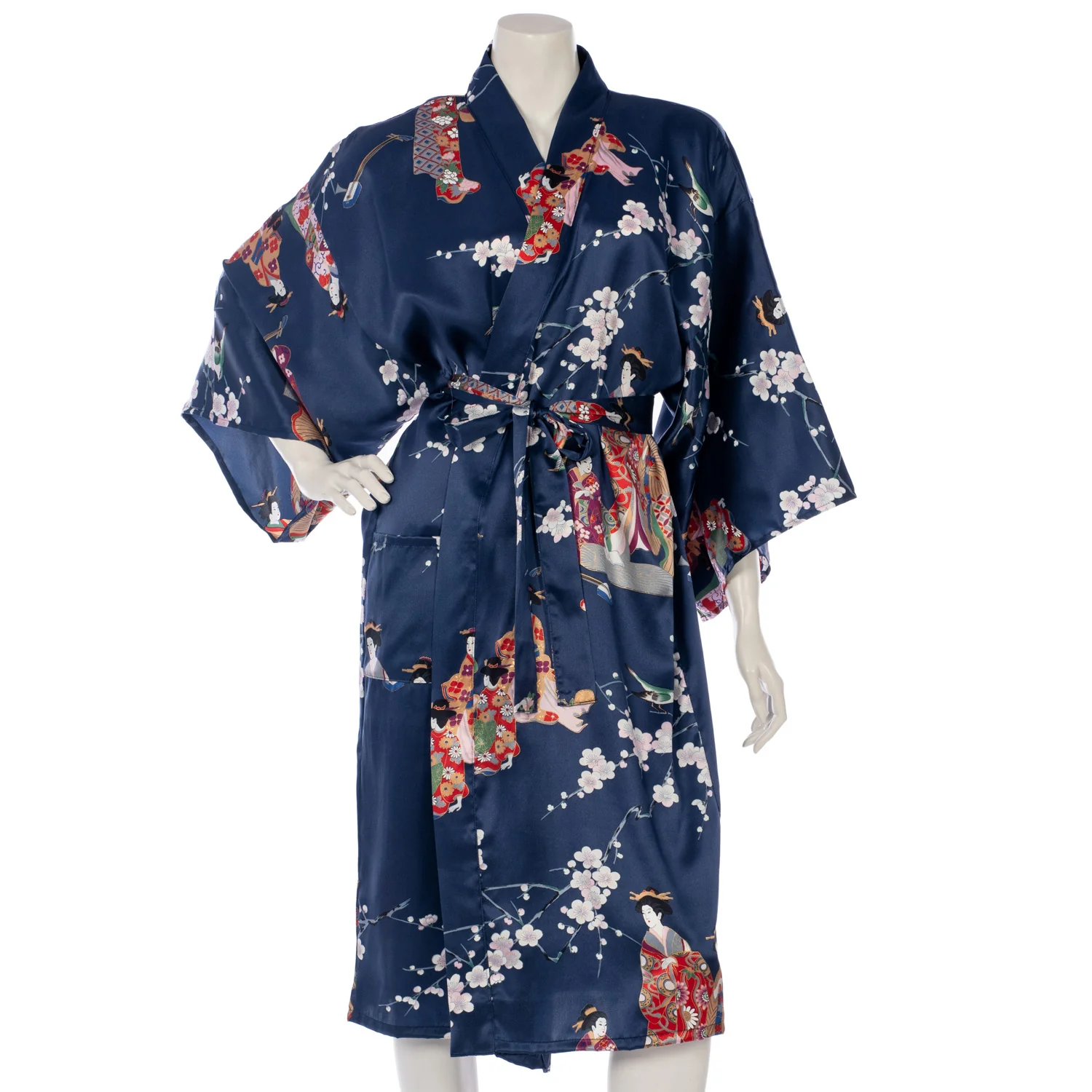 Premium Short Navy Geisha and Blossom Silk Kimono - Image 3