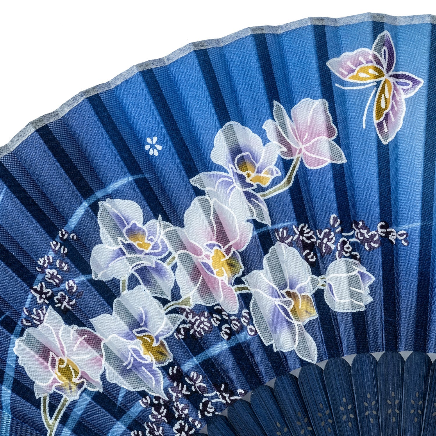 Royal Blue Butterfly and Orchid Japanese Fan - Image 3