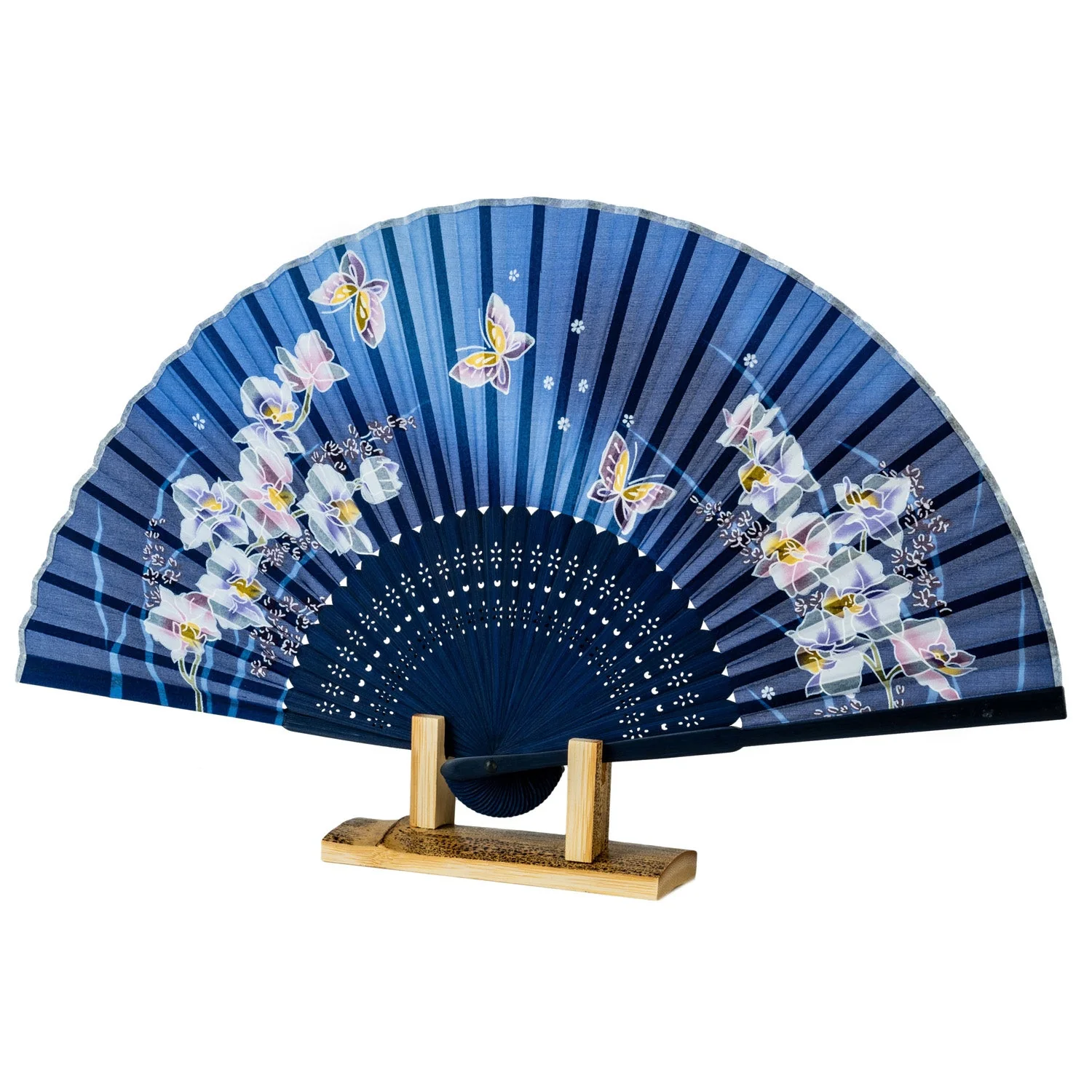 Royal Blue Butterfly and Orchid Japanese Fan - Image 4