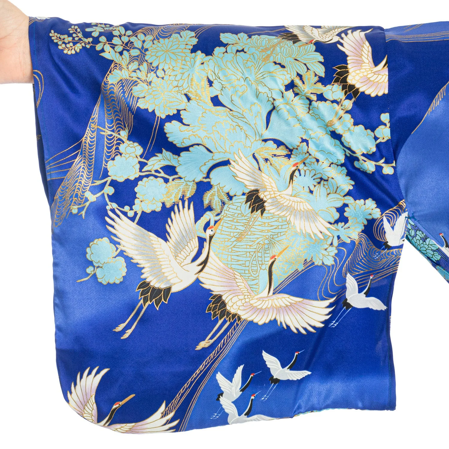 Silk Crane Print Long Blue Japanese Kimono XL - Image 3