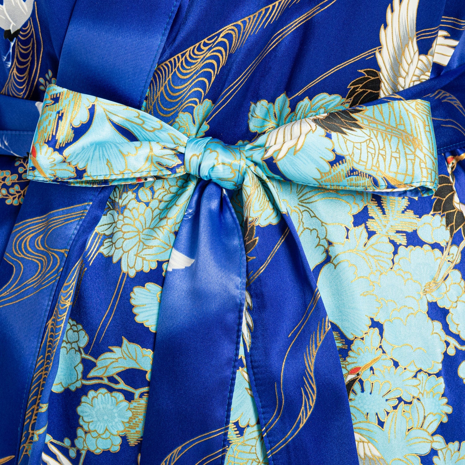 Silk Crane Print Long Blue Japanese Kimono XL - Image 4
