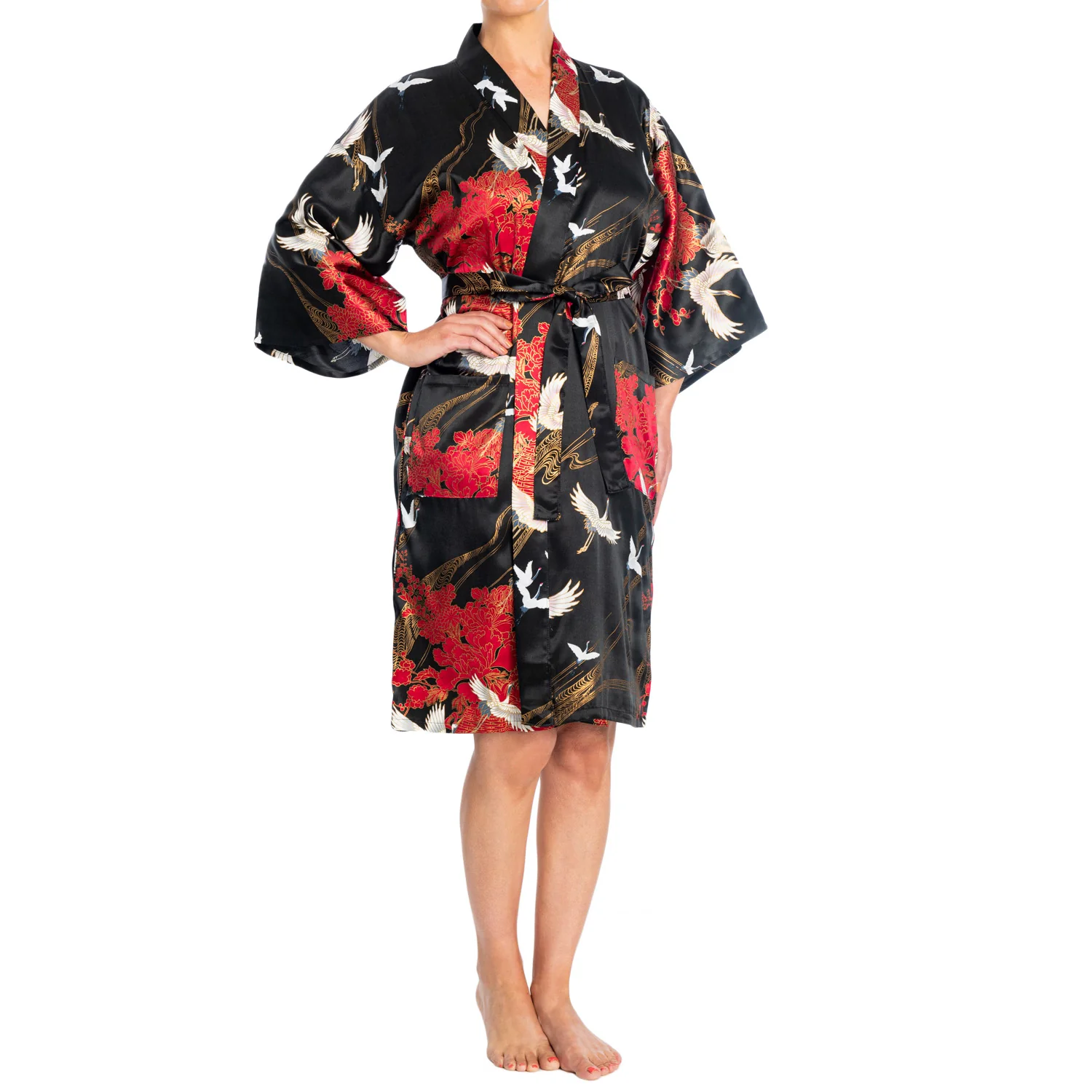 Silk Crane Print Short Black Japanese Kimono