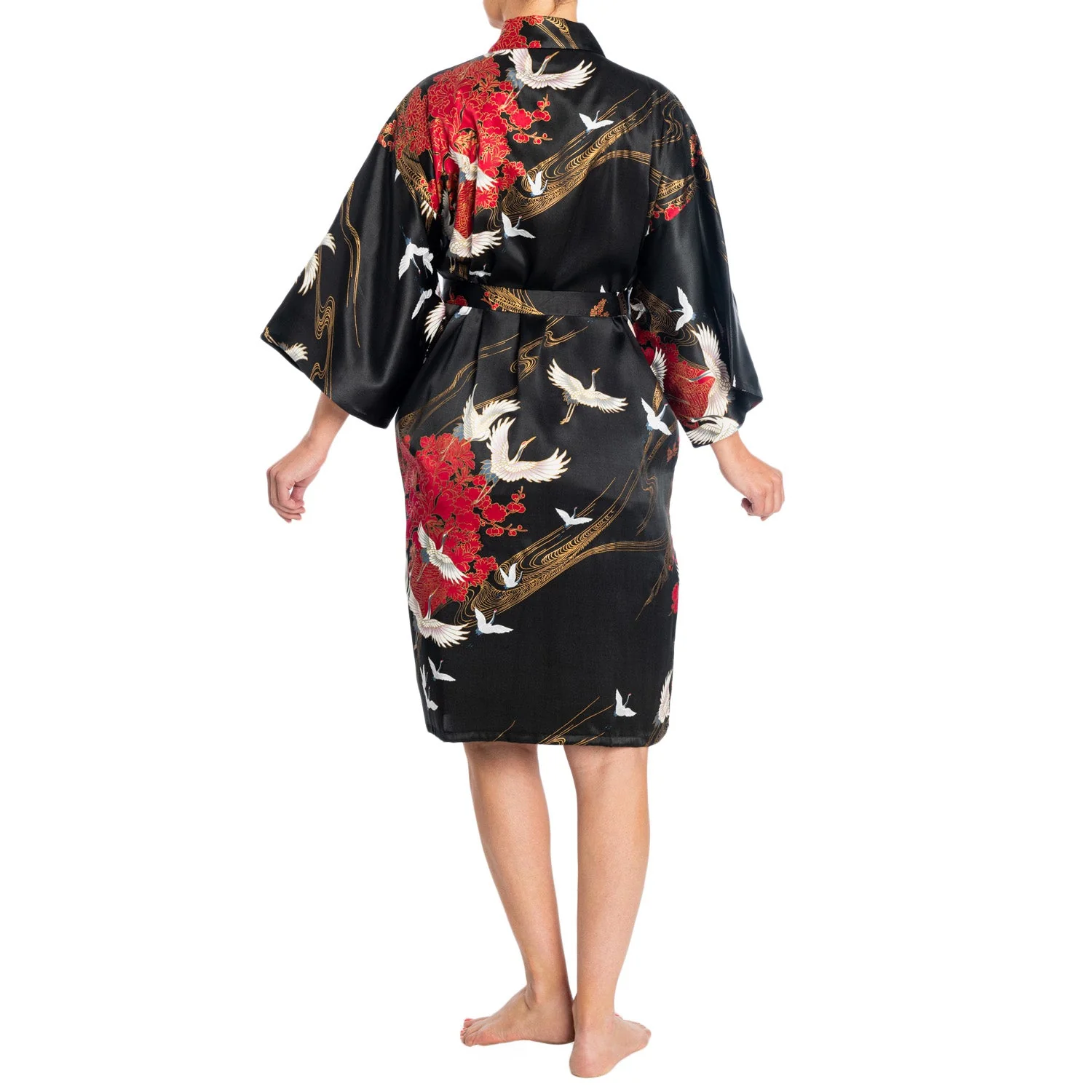 Silk Crane Print Short Black Japanese Kimono - Image 2