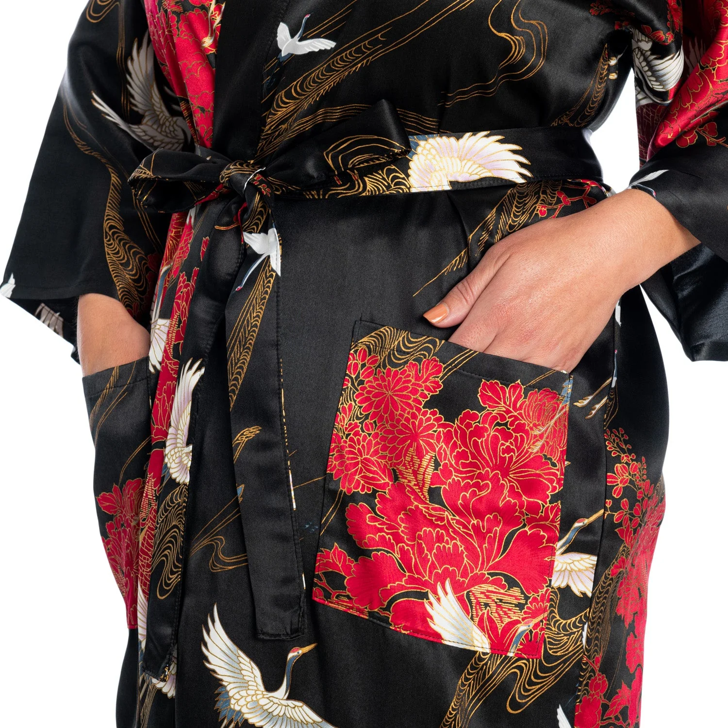 Silk Crane Print Short Black Japanese Kimono - Image 3