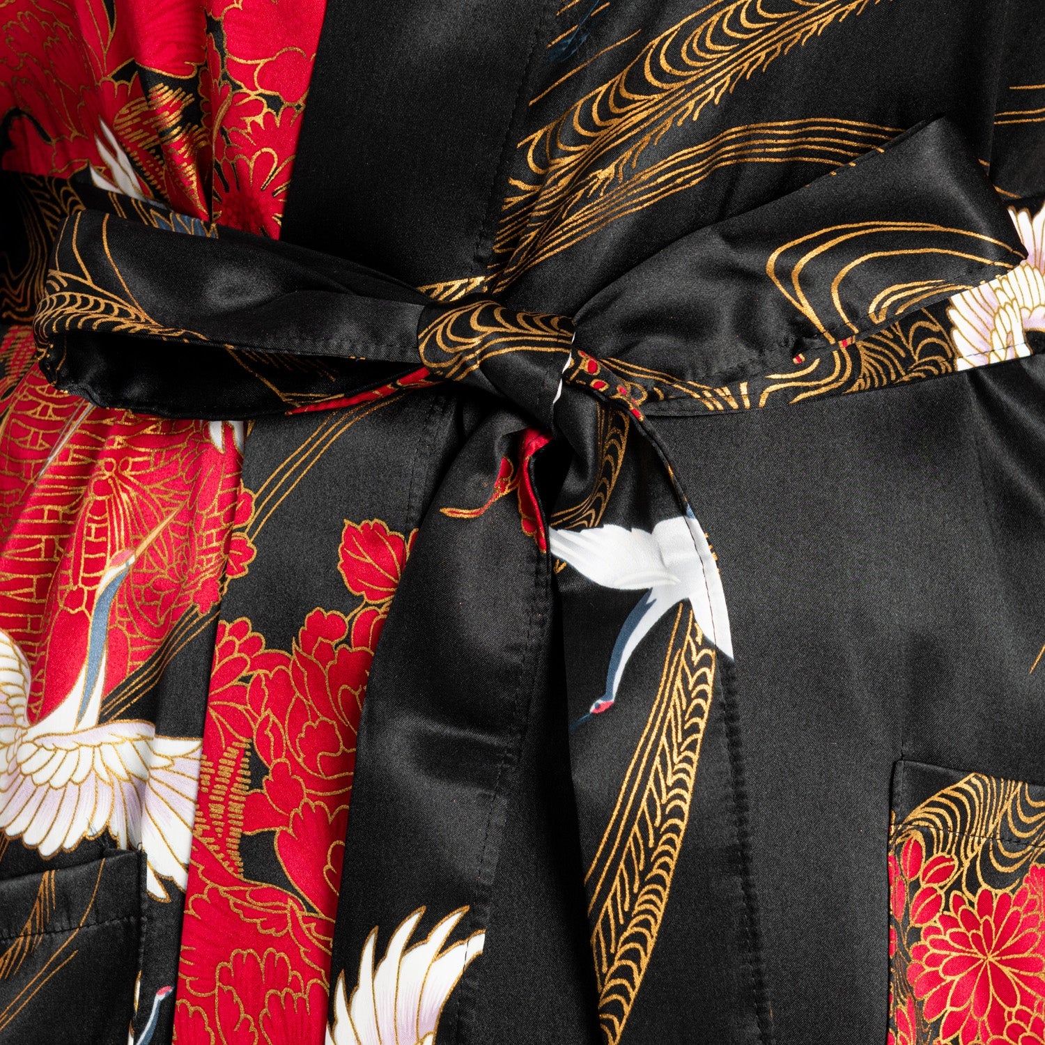 Silk Crane Print Short Black Japanese Kimono - Image 4