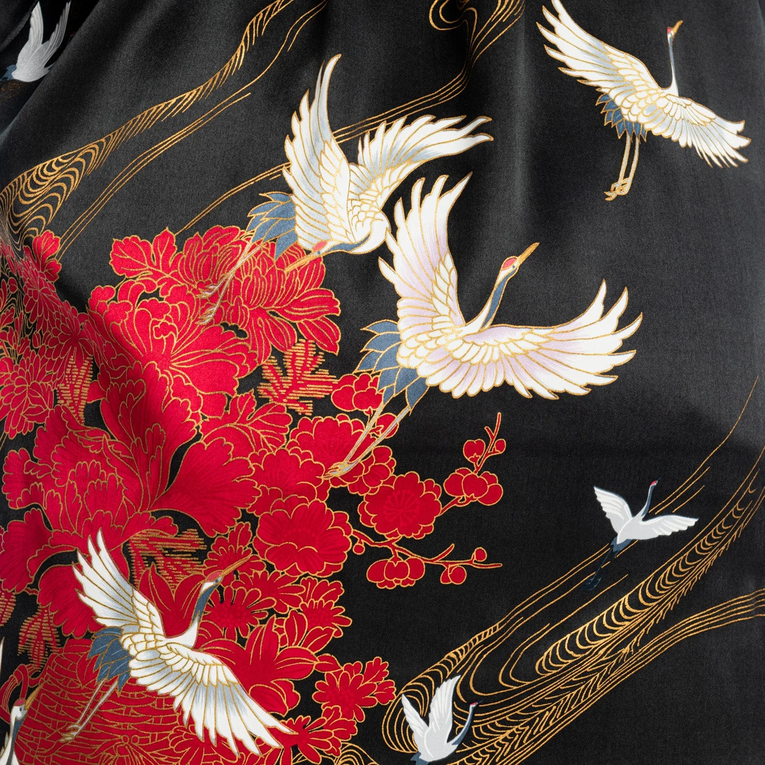 Silk Crane Print Short Black Japanese Kimono - Image 5