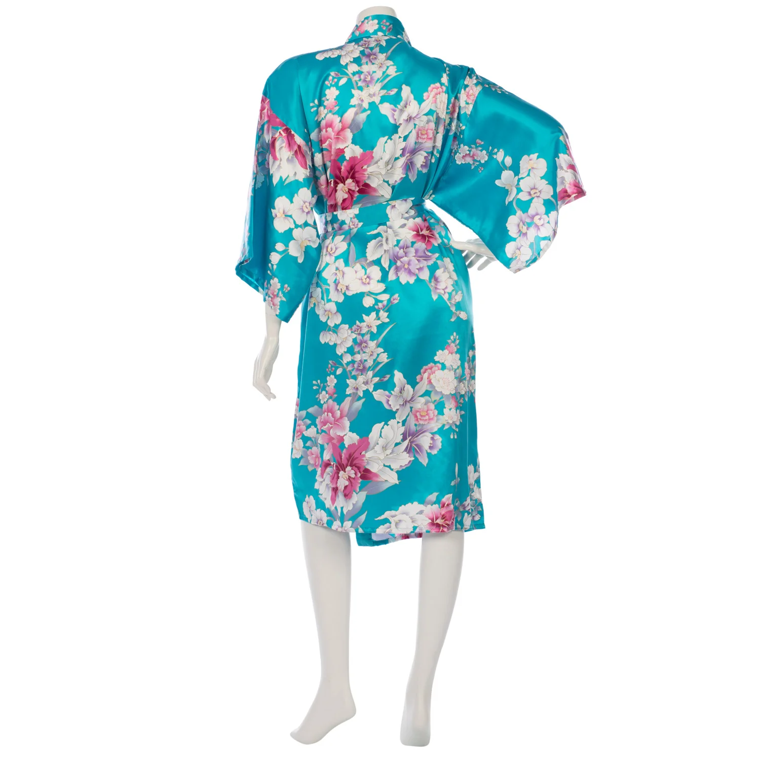 Turquoise Floral Short Silk Japanese Kimono - Image 2