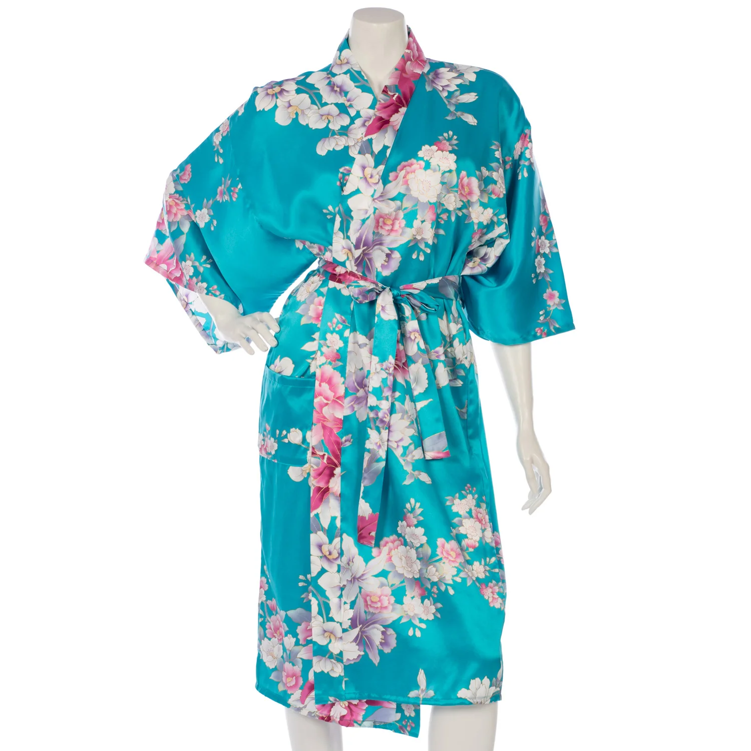 Turquoise Floral Short Silk Japanese Kimono - Image 3