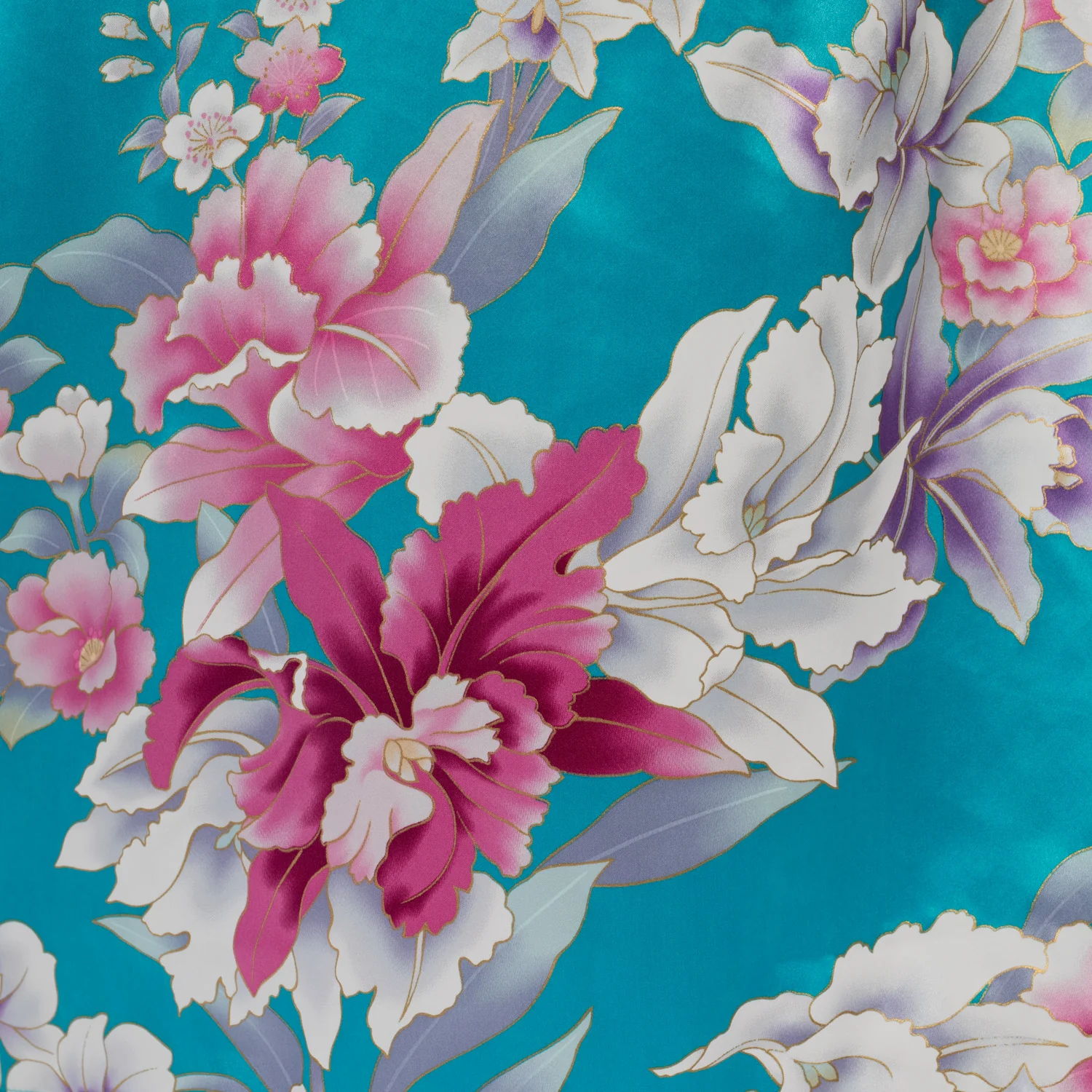 Turquoise Floral Short Silk Japanese Kimono - Image 5
