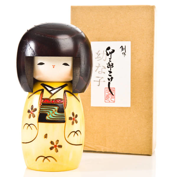 Yellow Happy Girl Authentic Kokeshi Doll - Image 3
